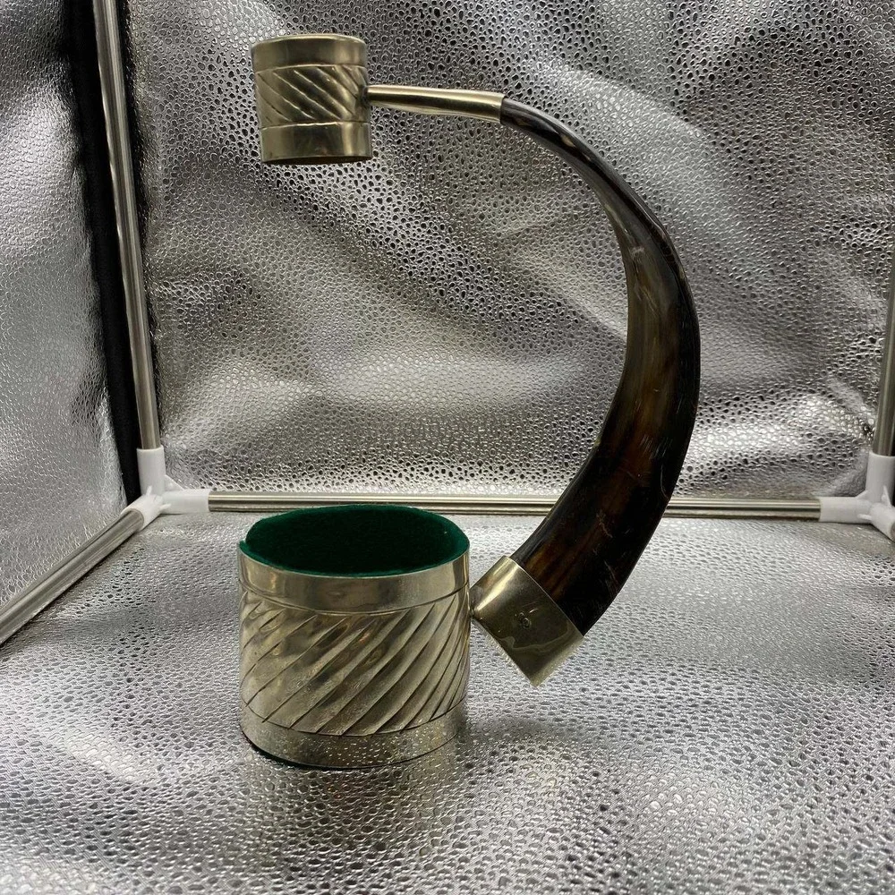 Vintage Brass Horn Wine Bottle Holder‎ OS Brown Silver Real Horn Barware Decor